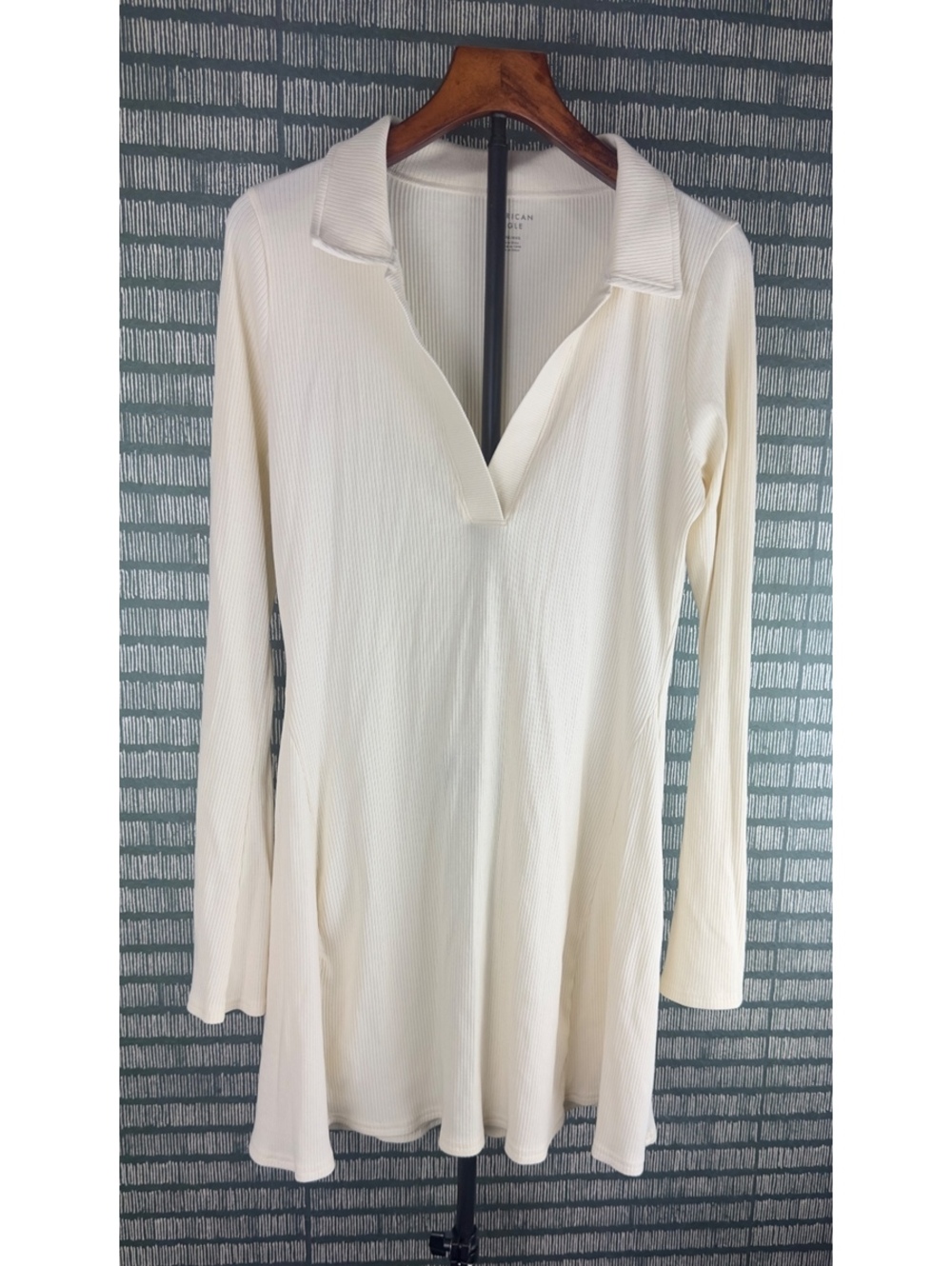 American Eagle XL Cream Ribbed Polo Mini Dress Long Sleeve Preppy Y2K